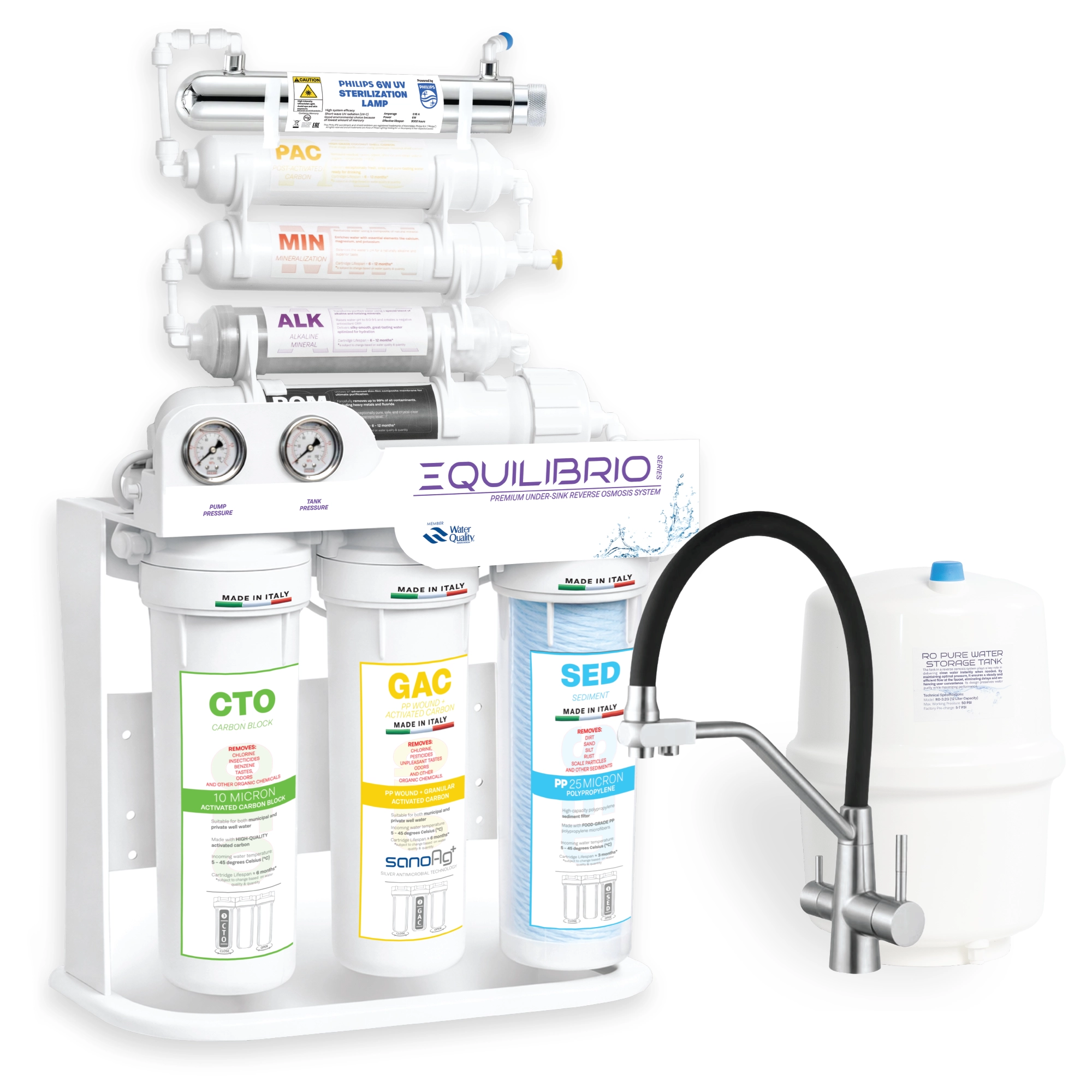 Sistem filtrare osmoză inversă premium, Spectrum Water EQUILIBRIO Series, cu pompă, lampă UV 8 stadii, 100 GPD, TDS