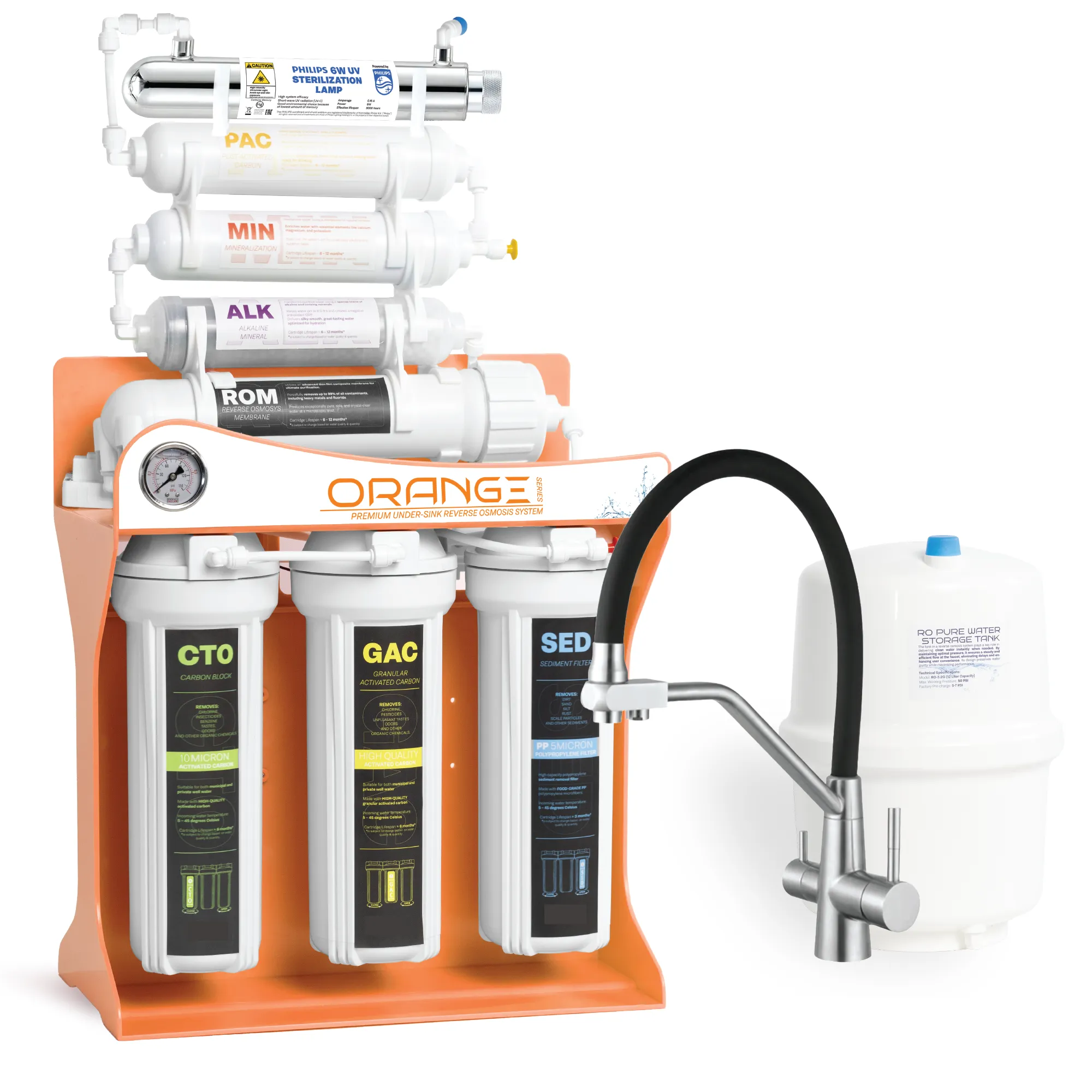 Sistem filtrare osmoză inversă premium, Spectrum Water ORANGE Series, cu pompă, lampă UV 8 stadii, 100 GPD, TDS